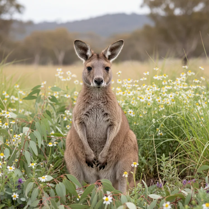 photo: kangaroo/wildlife rubbing against eucalyptus, split with dog wearing pendant
