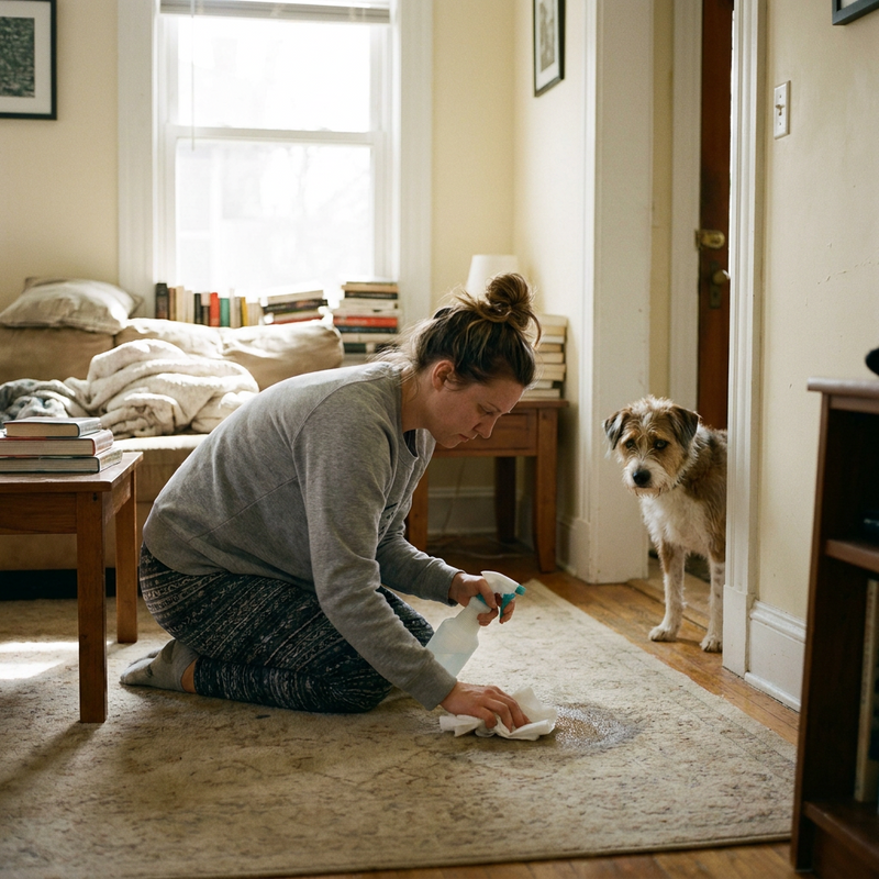 photo: owner cleaning carpet, dog watching guiltily from doorway