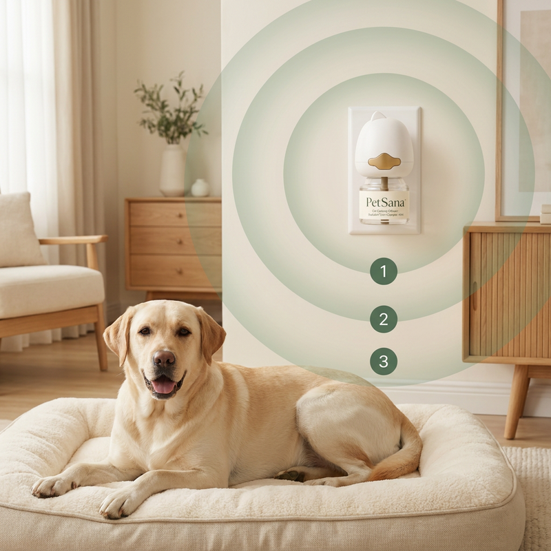 diagram: diffuser → signal fills room → dog settles