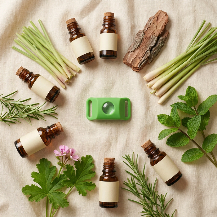 flat-lay: pendant surrounded by 6 botanicals + amber oil bottles on cream linen