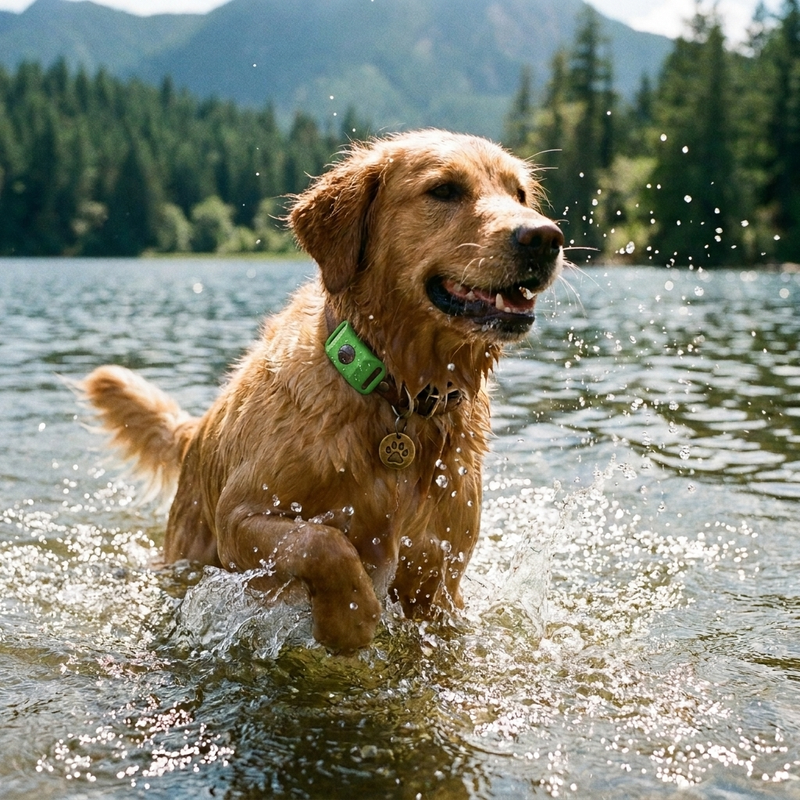 Dog swimming with Petsana Shield pendant